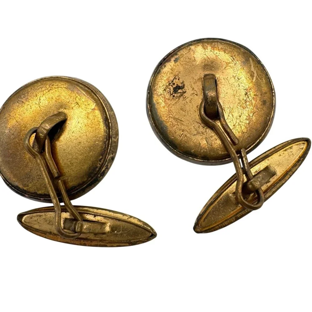 Vintage Gold Tone Ship Design Round Button Cufflinks With Chain Link Style
